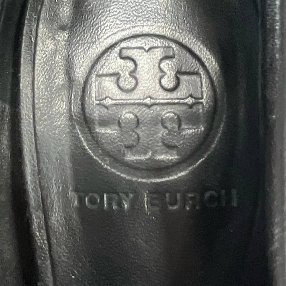 Tory Burch Black Leather Block Heel Loafers with Gold Accent